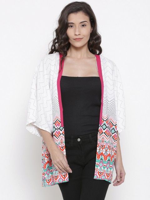 

People White & Rust Printed Open Front Shrug