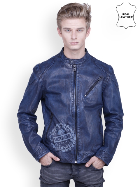 

Justanned Men Blue Solid Leather Jacket