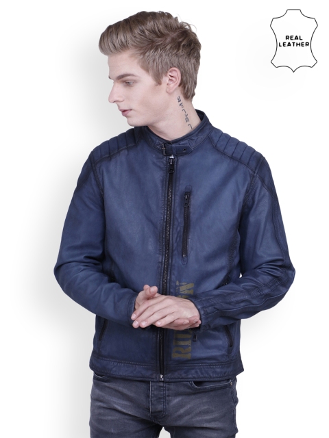 

Justanned Men Blue Solid Leather Jacket