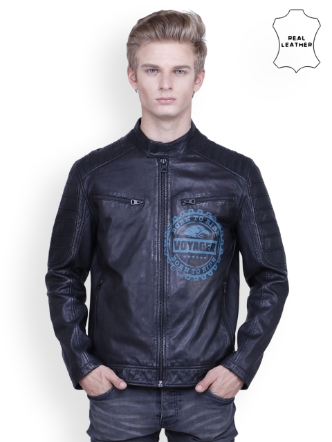 

Justanned Men Black Solid Leather Jacket