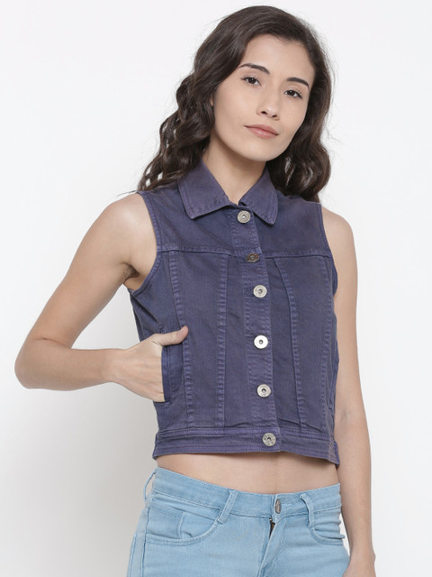 

People Women Navy Solid Denim Jacket, Navy blue