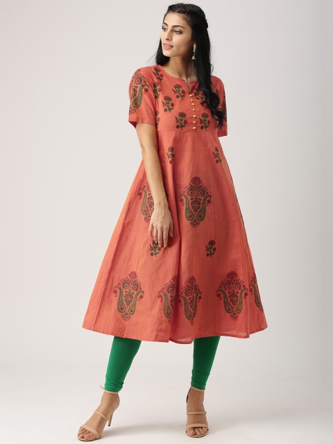 

Aum Women Coral Orange Printed Anarkali Kurta