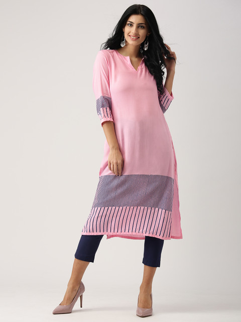 

Aum Women Pink Striped Detail Straight Kurta