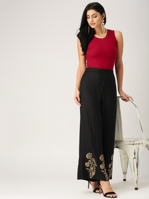

Aum Women Black Hand Block Print Detail Wide Leg Palazzos