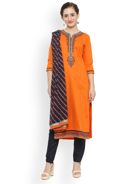 

Kvsfab Orange & Navy Blue Cotton Blend Unstitched Dress Material