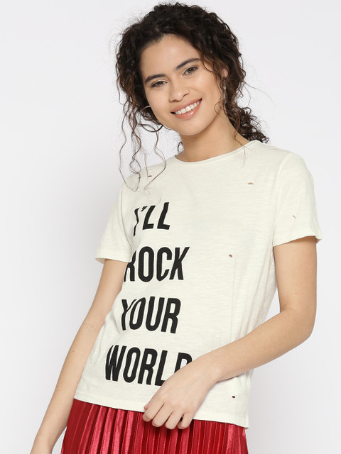 

FOREVER 21 Women Off-White Printed Round Neck T-shirt