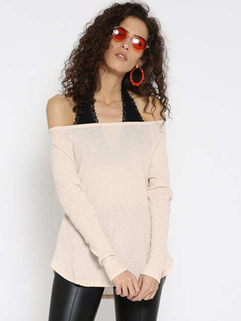 

FOREVER 21 Women Beige Self-Design Bardot Top