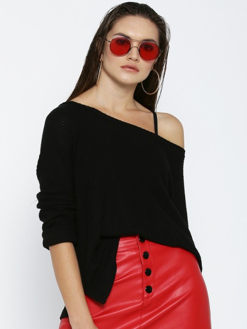 

FOREVER 21 Women Black Self-Design Bardot Top