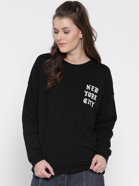 

FOREVER 21 Women Black Solid Sweatshirt with Tie-Up Detail