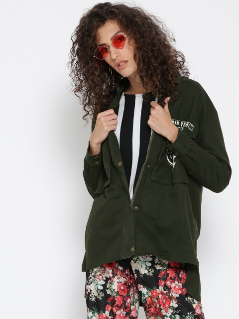 

FOREVER 21 Women Olive Green Solid High-Low Parka Jacket