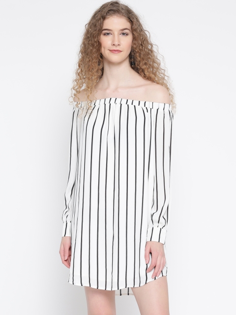 

FOREVER 21 Women White & Black Striped Off-Shoulder A-Line Dress