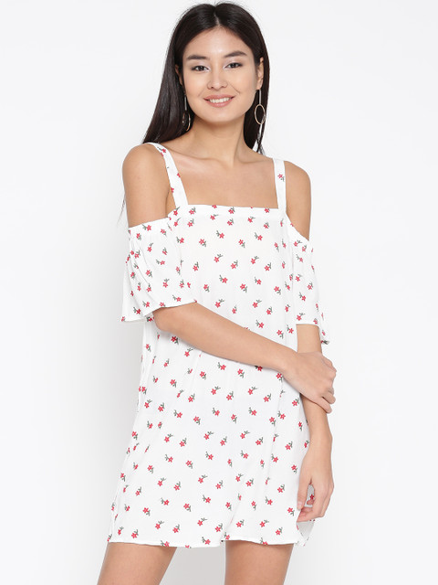 

FOREVER 21 Women White Embroidered Shift Cold Shoulder Dress