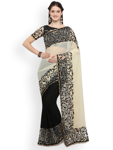 

Online Fayda Cream-Coloured & Black Pure Georgette Embroidered Saree