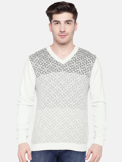 

ColorPlus Men Cream-Coloured & White Self Design Sweater Vest