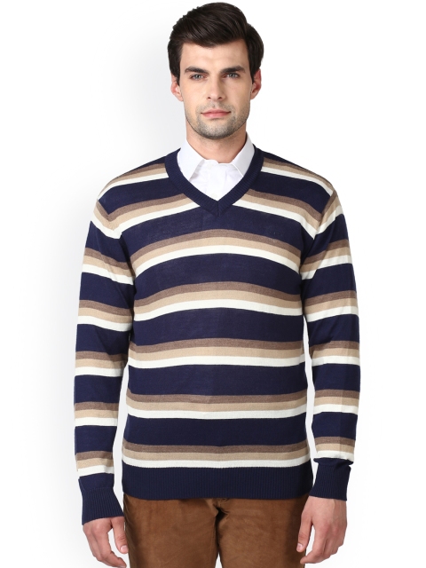 

ColorPlus Men Navy Blue & Beige Striped Pullover