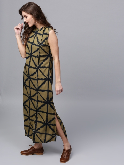 

AKS Women Olive Green Printed Maxi Dress