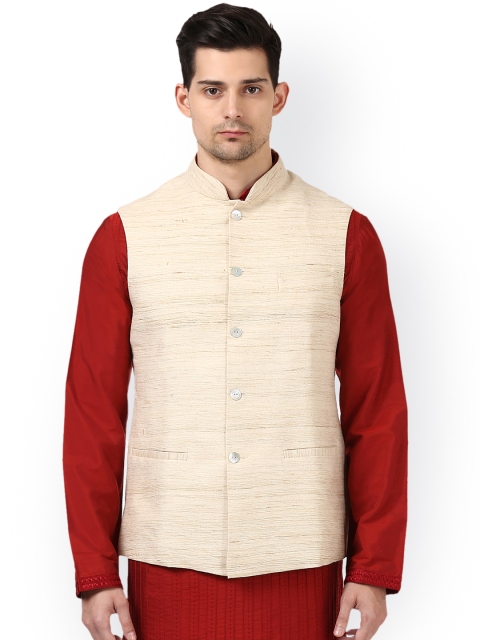 

ethnix by Raymond Beige Self-Design Silk Nehru Jacket