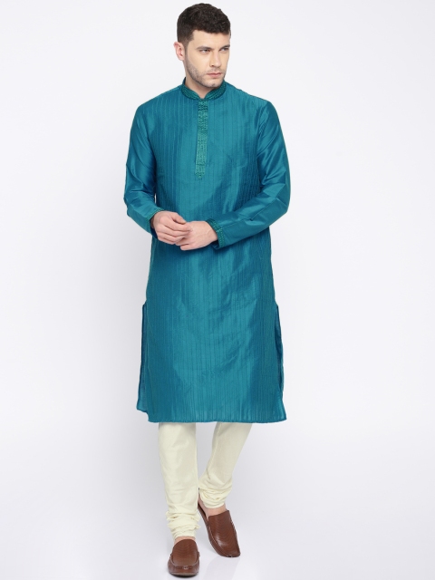 

ethnix by Raymond Men Blue & Cream-Coloured Striped Kurta with Churidar