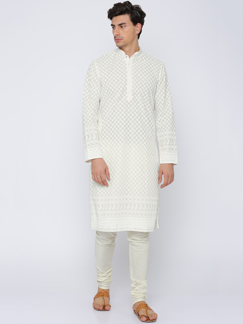 

ethnix by Raymond Men Cream-Coloured Embroidered Kurta with Churidar