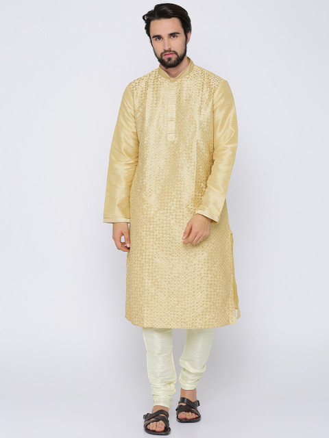 

ethnix by Raymond Men Beige & Off-White Self Design Kurta with Churidar