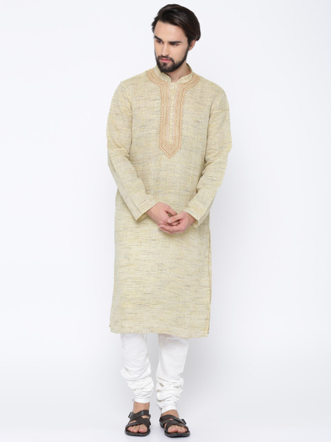

ethnix by Raymond Men Beige & White Embroidered Kurta with Churidar