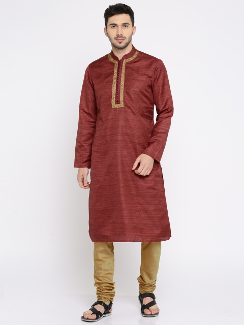 

ethnix by Raymond Men Maroon & Gold-Toned Solid Kurta with Churidar
