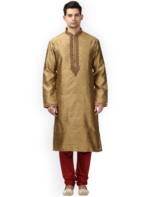 

ethnix Men Gold-Toned & Maroon Printed Kurta with Churidar