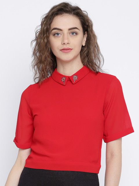 

AND Women Red Solid Shirt Style Top