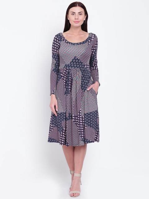 

AND Women Navy & Off-White Printed Fit & Flare Dress, Navy blue