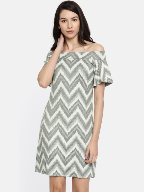 

AND Women Grey & White Chevron Pattern Off-Shoulder Dress