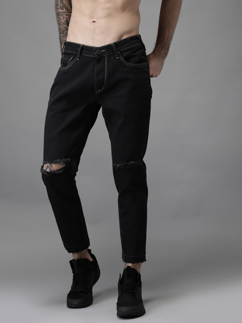 

HERE&NOW Men Black Slim Tapered Fit Cropped Mid-Rise Slash Knee Stretchable Jeans