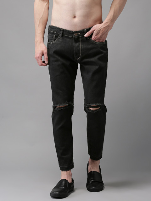 

HERE&NOW Men Black Slim Fit Mid-Rise Slash Knee Cropped Jeans