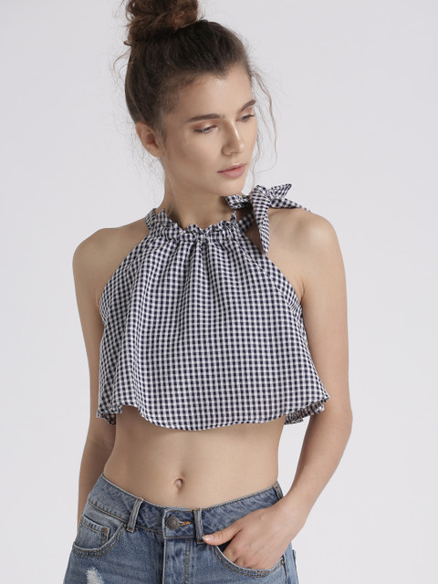 

Chemistry Women Blue Checked Crop Top