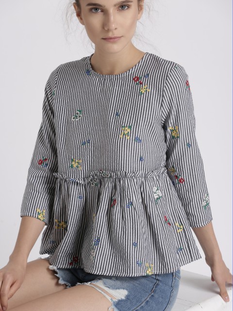 

Chemistry Women Navy Blue & White Striped Top with Floral Detail