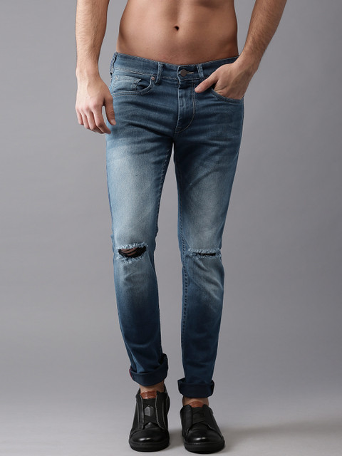 

HERE&NOW Men Blue Skinny Fit Mid-Rise Slash Knee Stretchable Jeans