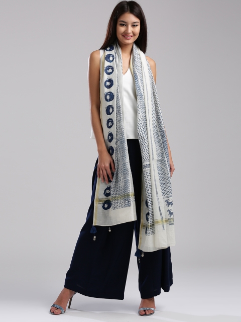

W Off-White & Navy Printed Dupatta