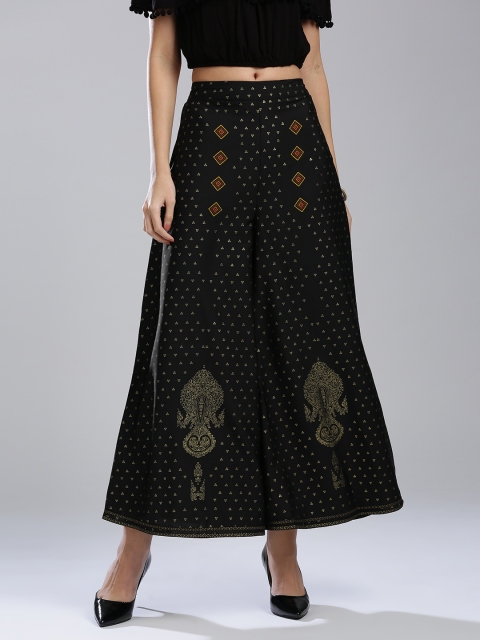 

W Women Black & Golden Printed Flared Palazzos