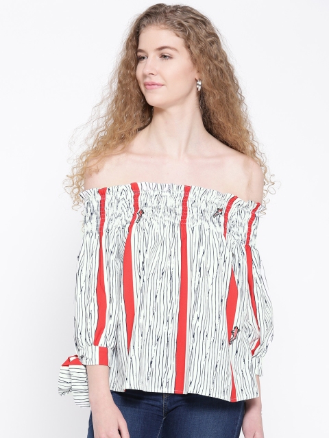 

Madame Women White Striped Bardot Top