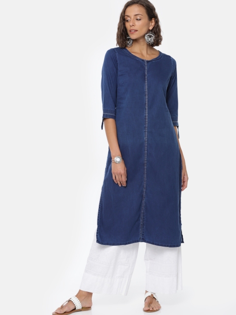 

AURELIA Women Blue Solid Straight Chambray Kurta