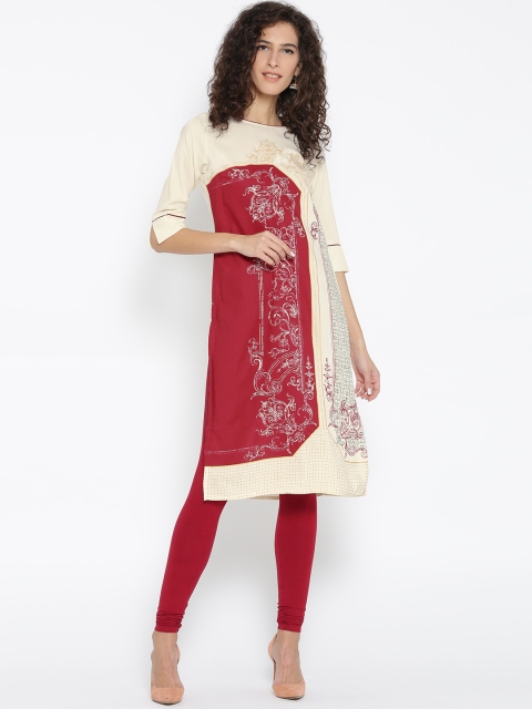 

AURELIA Women Cream-Coloured & Red Printed Straight Kurta