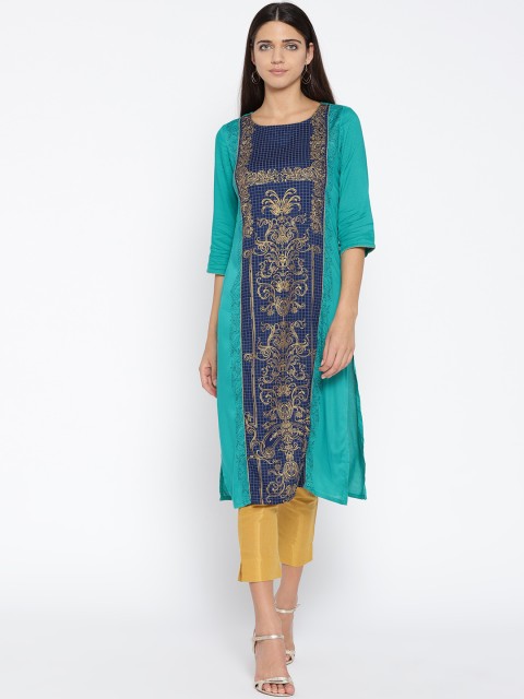 

AURELIA Women Green & Navy Printed Straight Kurta