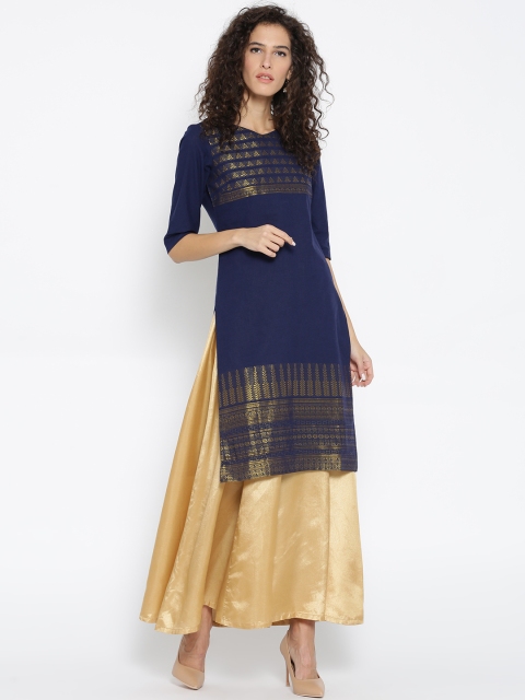 AURELIA Women Navy Woven Design Straight Kurta, Navy blue
