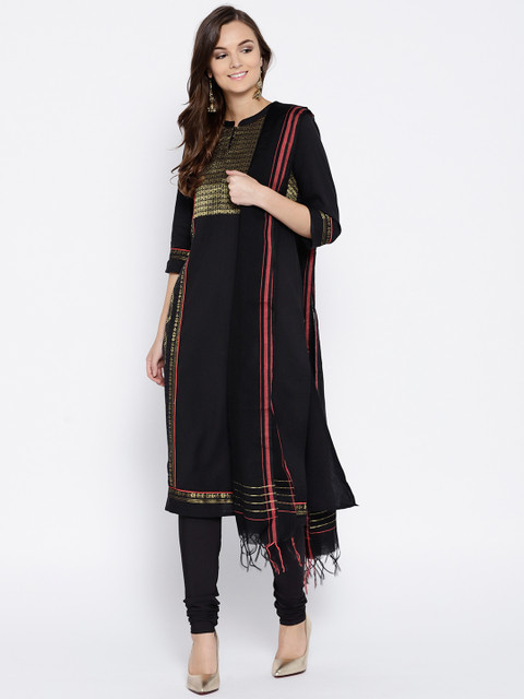 

AURELIA Women Black Self-Design Kurta with Churidar & Dupatta