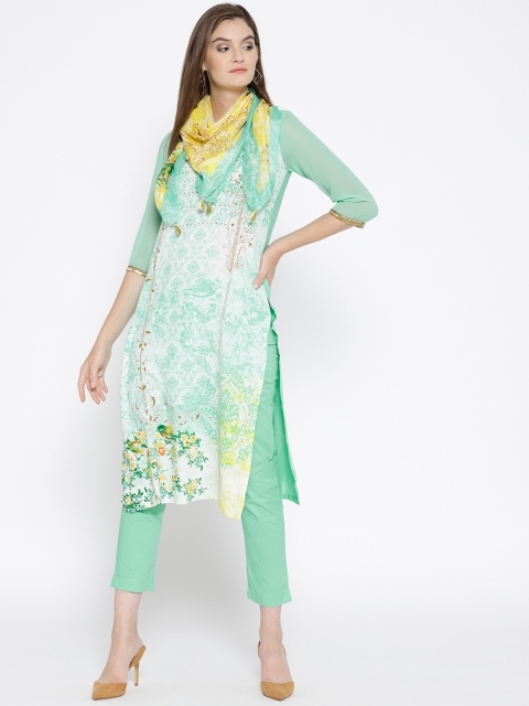 

AURELIA Women Sea Green Printed Kurta with Cropped Trousers & Dupatta