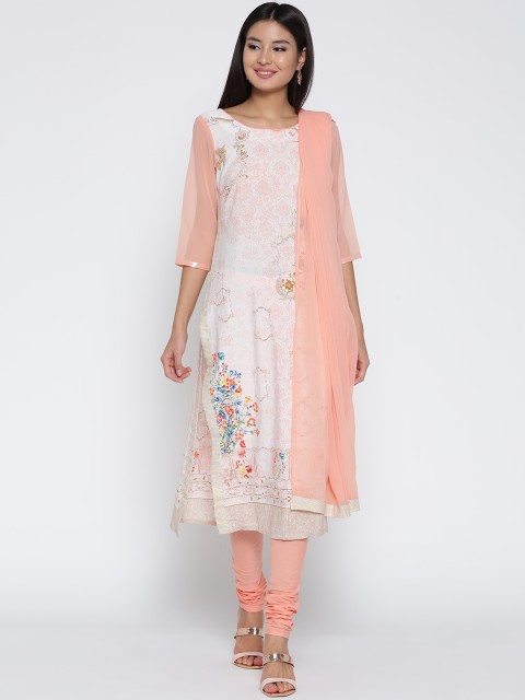 

AURELIA Women Off-White & Peach-Coloured Printed Kurta with Churidar & Dupatta