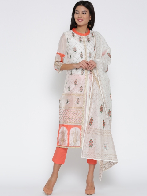 

AURELIA Women Off-White & Coral Orange Printed Kurta with Cropped Trousers & Dupatta