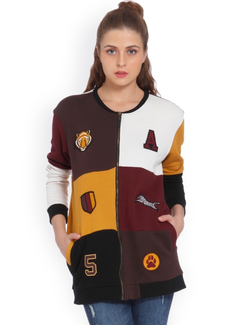 

ONLY Women Mustard Yellow & Maroon Colourblocked Sweatshirt