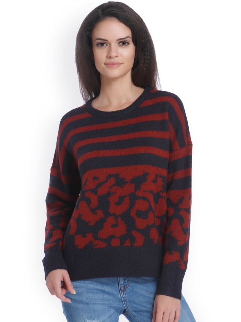 

ONLY Women Blue & Maroon Self-Design Pullover Sweater