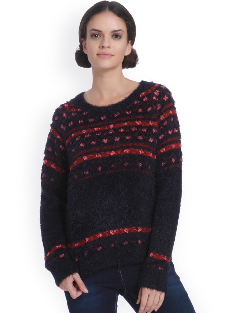 

ONLY Women Navy Blue Self-Design Pullover Sweater