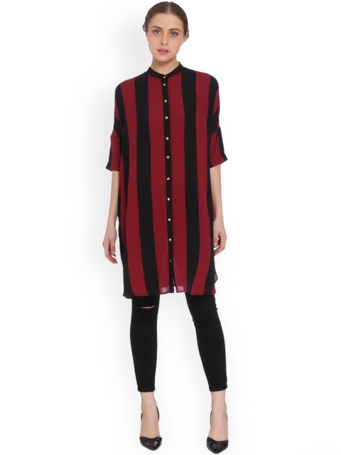 

ONLY Women Burgundy & Black Regular Fit Striped Casual Longline Shirt